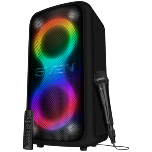 SVEN Portable speaker PS-1000, black, power output 2x80W (RMS), TWS, Bluetooth, FM, USB, LED display, lithium battery (SV-022686)